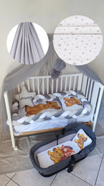 Set lettino neonato bianco grigio – fantasia Re Leone Simba, treccia grigio bianco, cuscino stella nome ricamato
