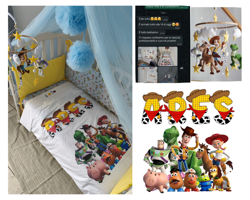 Completo lenzuola per lettino bambini personalizzato con nome Ares e personaggi del film Toy Story