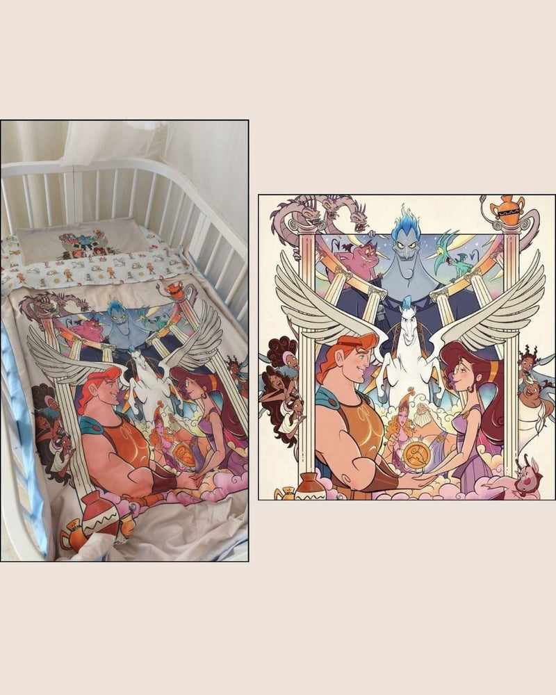 Set lenzuola e piumino per culla neonato con stampe dei personaggi del film Disney Hercules