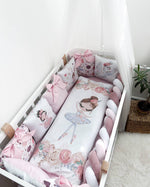 Paracolpi cuscini lettino neonata rosa bianco, fantasia ballerine e fiori, fiocchi decorativi, baldacchino tulle bianco