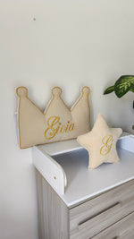 Set paracolpi corona e stellina velluto beige con nome ricamato oro per lettino cameretta neonato