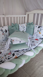 Set Paracolpi Lettino Culla a Treccia e Cuscini Sfoderabili Carica dei 101 Verde Salvia - universo del bambino
