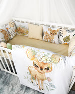 Set Paracolpi Lettino Culla a Treccia e Cuscini Sfoderabili Cerbiatto nel Bosco Beige - universo del bambino