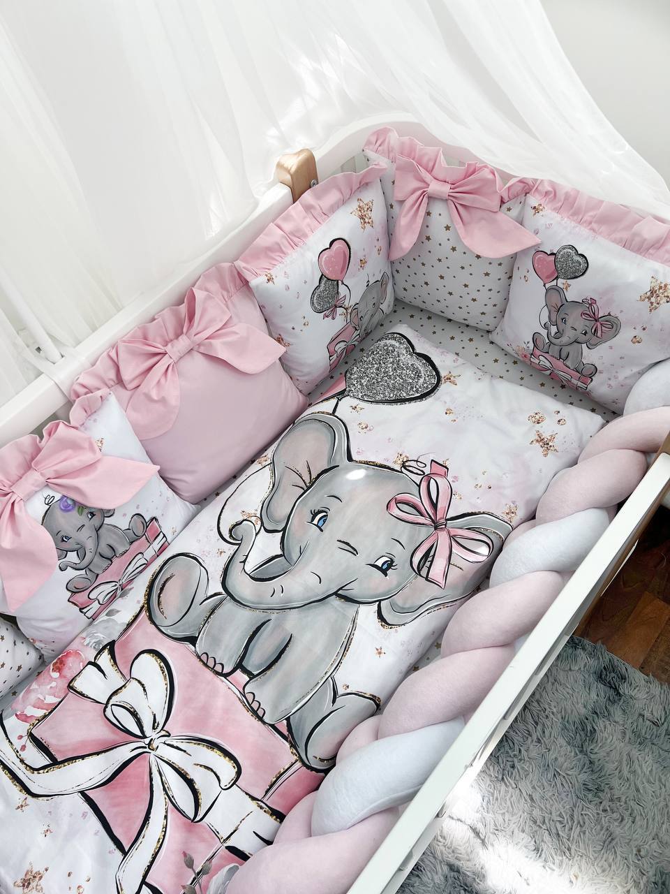 Set Paracolpi Lettino Culla a Treccia e Cuscini Sfoderabili Elefantino Rosa - universo del bambino
