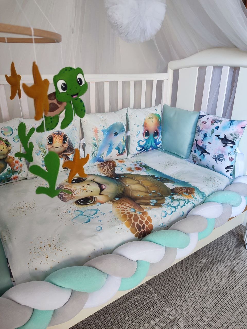 Set Paracolpi Lettino Culla a Treccia e Cuscini Sfoderabili Mondo Marino - universo del bambino