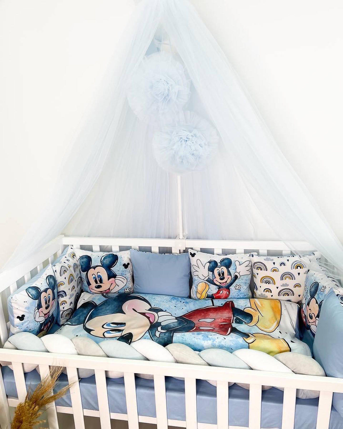 Set Paracolpi Lettino Culla a Treccia e Cuscini Sfoderabili Topolino Mickey Mouse - universo del bambino
