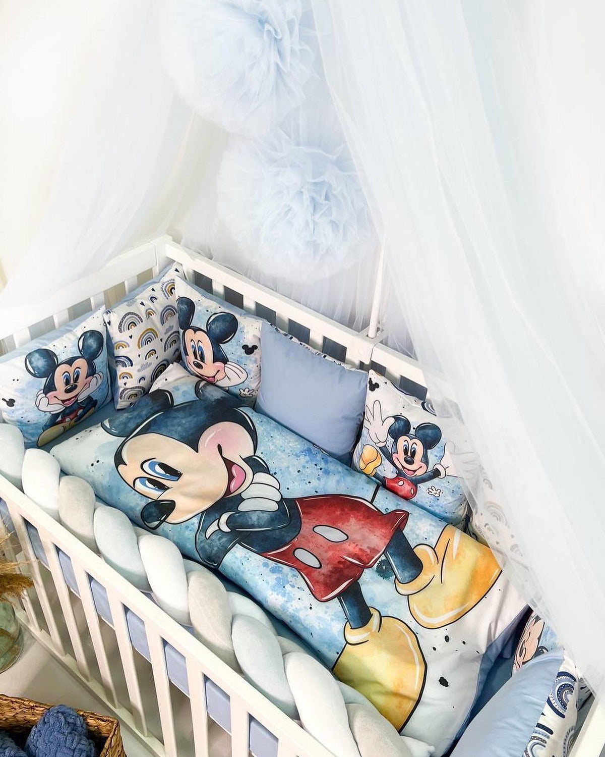 Set Paracolpi Lettino Culla a Treccia e Cuscini Sfoderabili Topolino Mickey Mouse - universo del bambino