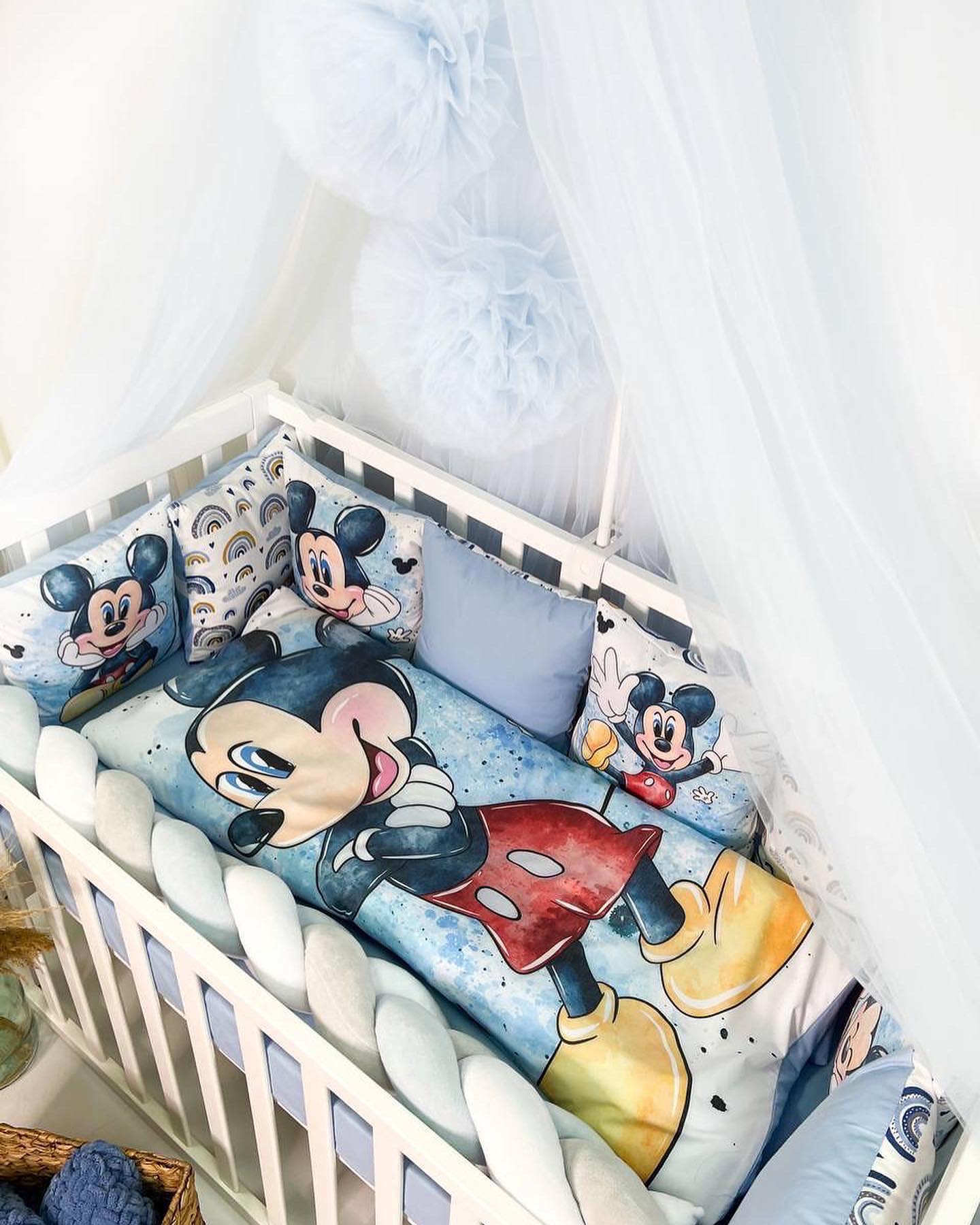 Set Paracolpi Lettino Culla a Treccia e Cuscini Sfoderabili Topolino Mickey Mouse - universo del bambino