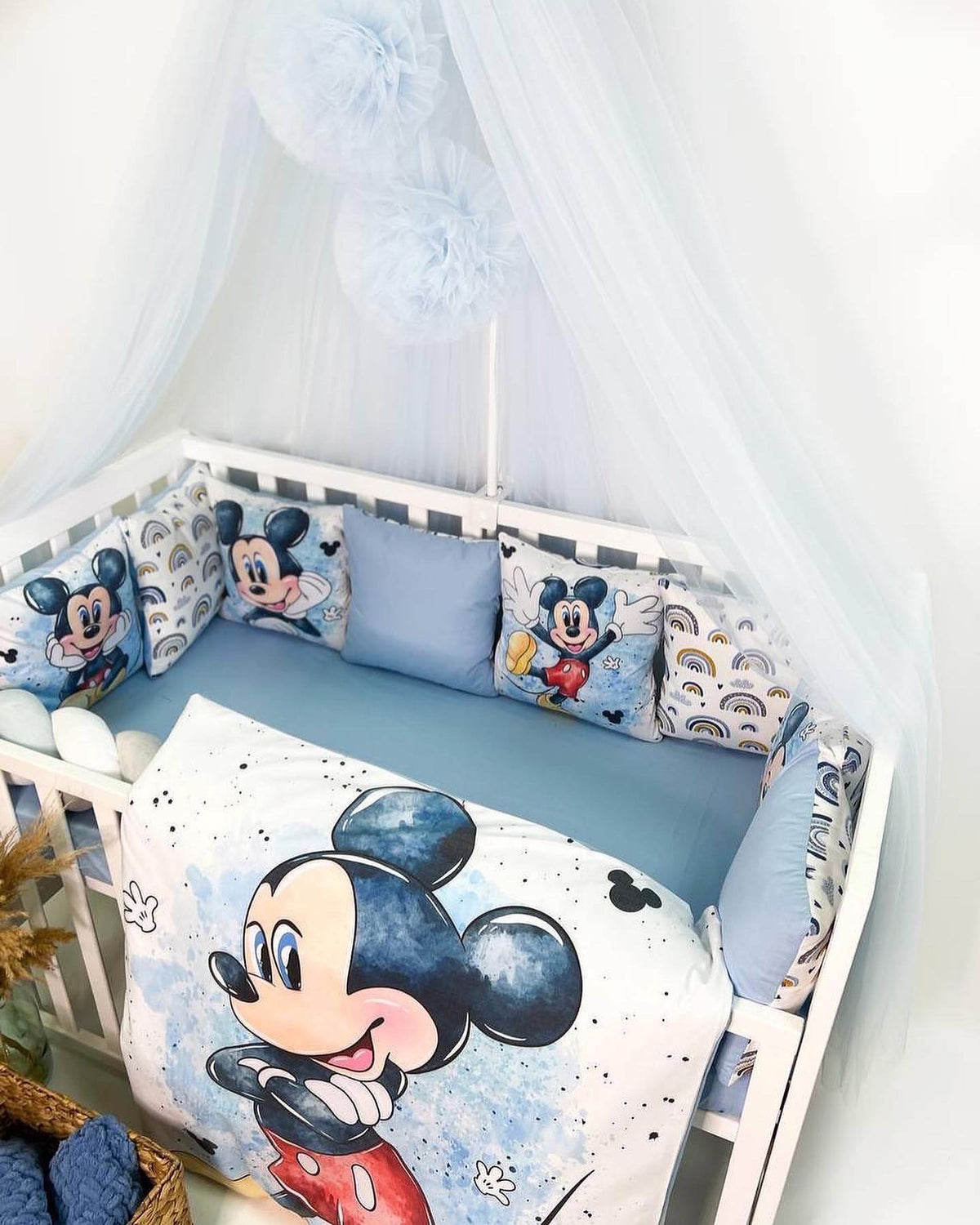 Set Paracolpi Lettino Culla a Treccia e Cuscini Sfoderabili Topolino Mickey Mouse - universo del bambino