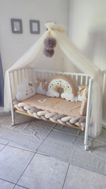 Set paracolpi treccia velluto beige grigio con cuscino arcobaleno stelle nuvola orsetto e baldacchino avorio neonato
