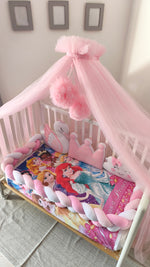 Set paracolpi treccia rosa con cuscino corona nome ricamato cigno e nuvola baldacchino tulle rosa neonata