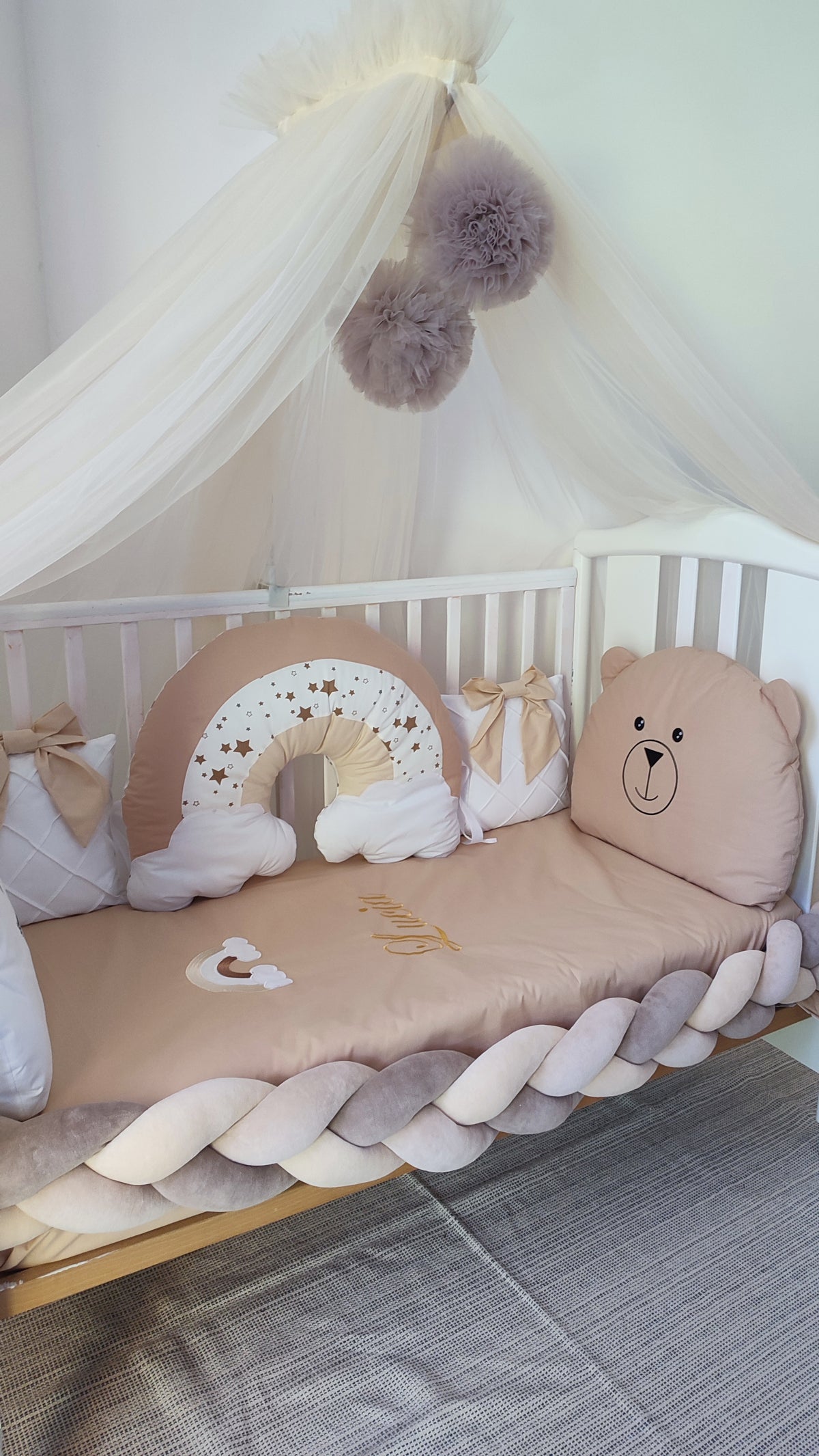 Set paracolpi treccia velluto tortora beige con cuscino arcobaleno stelle nuvola sorridente coperta personalizzata nome