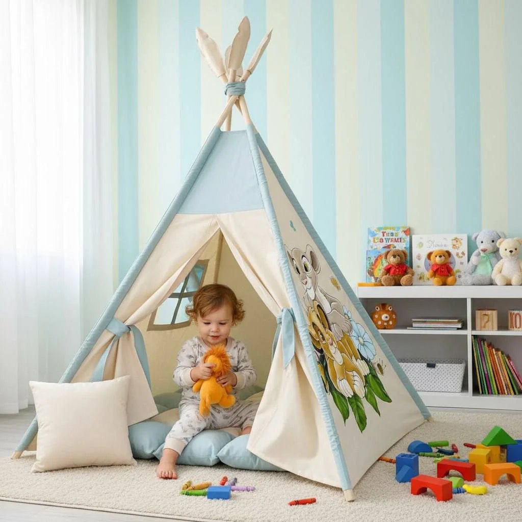 Tenda tipi/teepee/wigwam bambini verde salvia e beige fatta a mano con dipinto  leoni e animali della savana, materassino imbottito, cuscino e pali pieghevoli inclusi