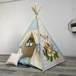 Tenda tipi/teepee/wigwam bambini verde salvia e beige fatta a mano con dipinto  leoni e animali della savana, materassino imbottito, cuscino e pali pieghevoli inclusi