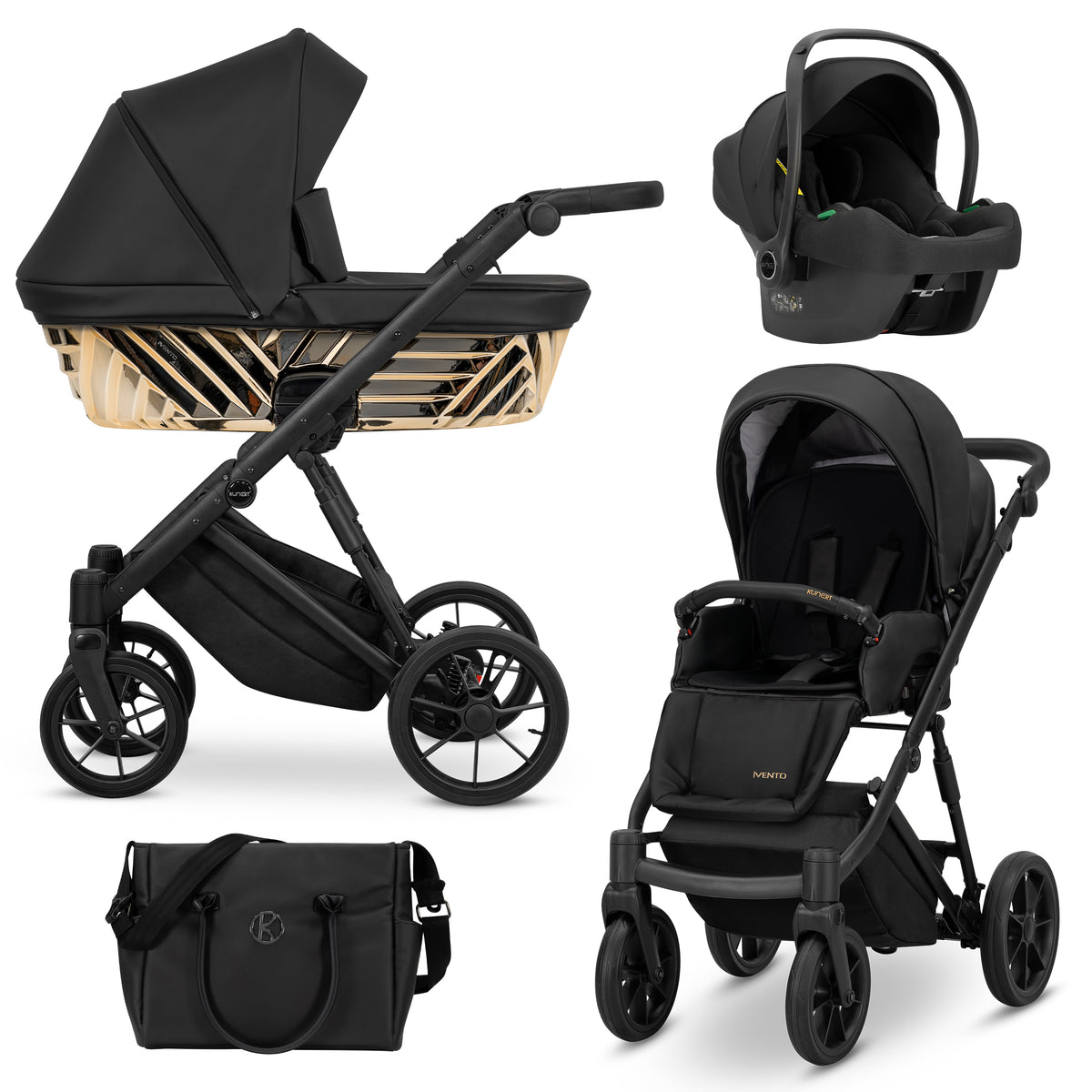 Set passeggino trio Kunert Ivento con navicella oro, passeggino leggero, ovetto e borsa nera coordinata
