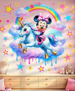 Adesivo murale Minnie Mouse su unicorno con arcobaleno e stelle. Sticker pareti Disney colorato per cameretta bambina.