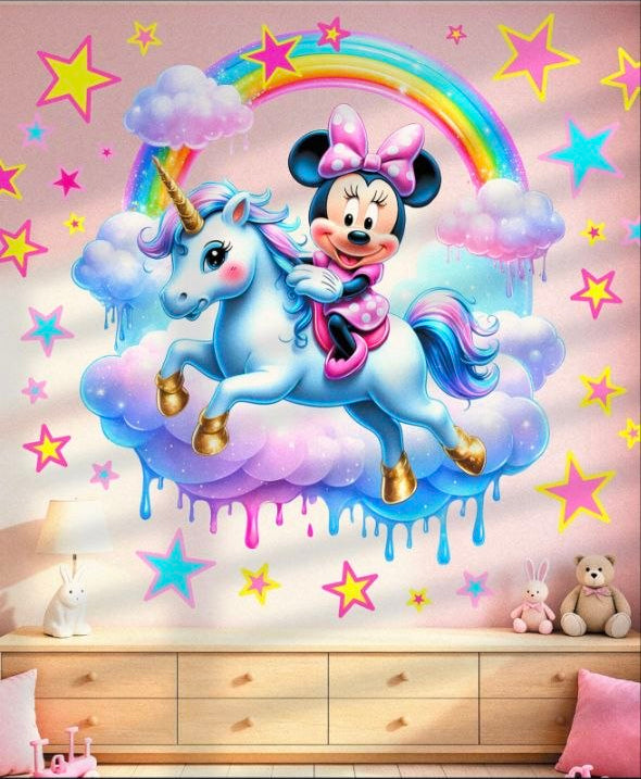 Adesivo murale Minnie Mouse su unicorno con arcobaleno e stelle. Sticker pareti Disney colorato per cameretta bambina.