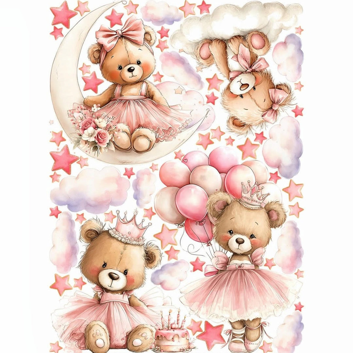 Adesivi murali cameretta bimba orsette ballerine rosa con corona luna palloncini torta e stelle acquerello,