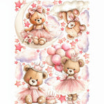 Adesivi murali cameretta bimba orsette ballerine rosa con corona luna palloncini torta e stelle acquerello,