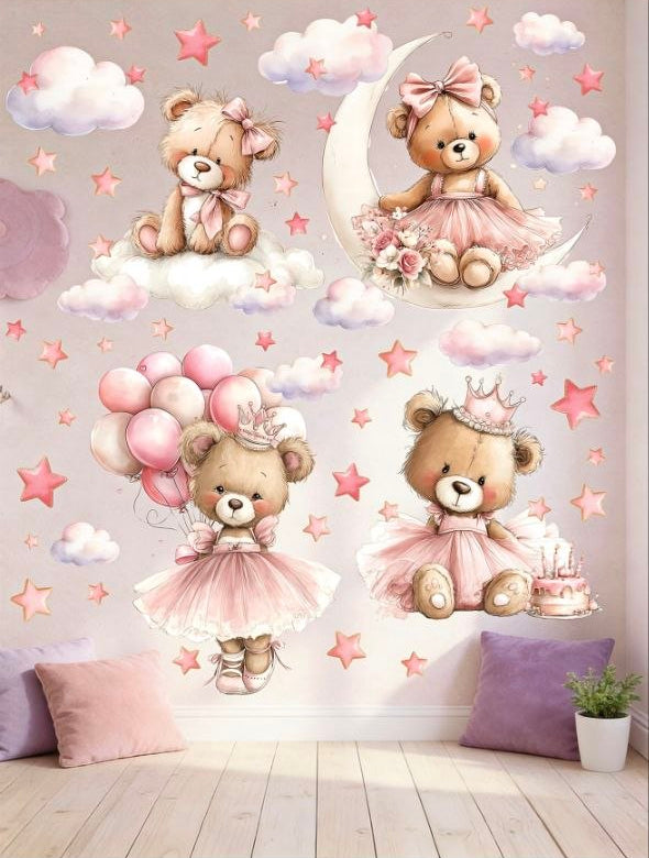 Adesivi murali orsette ballerine con tutù rosa, corone e palloncini. Sticker pareti acquerello per cameretta bambina.