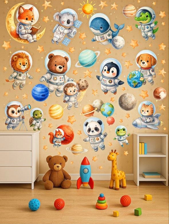Sticker da muro animali nello spazio: orso, panda e koala astronauti. Decorazione murale galassia per stanza bambini.