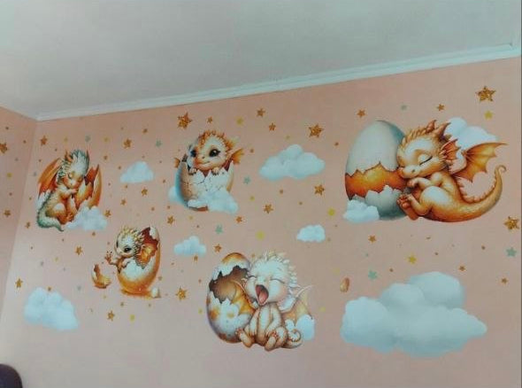 Kit stickers da muro con draghi baby in stile acquerello, uova schiuse e stelline gialle, decorazione per neonati.