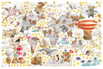 Adesivi da muro carta geografica del mondo con animali dei continenti, balena e fari in stile acquerello pastello.