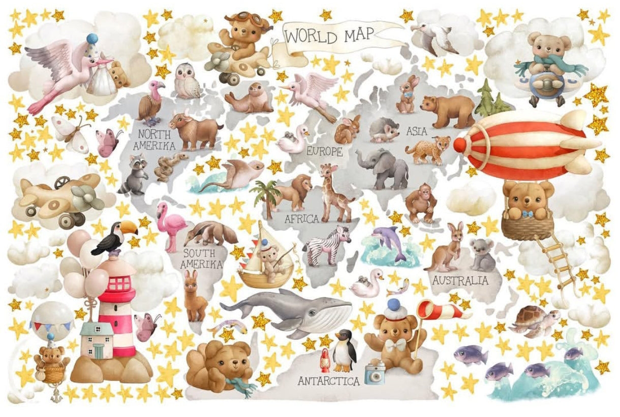 Adesivi da muro carta geografica del mondo con animali dei continenti, balena e fari in stile acquerello pastello.