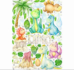  Stickers murali con piccoli dinosauri sorridenti color pastello, vulcano e foglie tropicali, stile acquerello dolce.