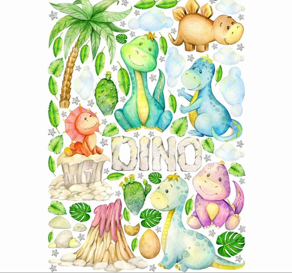  Stickers murali con piccoli dinosauri sorridenti color pastello, vulcano e foglie tropicali, stile acquerello dolce.
