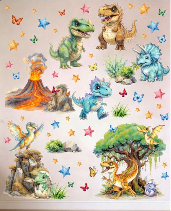 Stickers da muro con piccoli dinosauri, stelle, farfalle e alberi tropicali, stile acquerello vivace per cameretta.