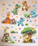 Stickers da muro con piccoli dinosauri, stelle, farfalle e alberi tropicali, stile acquerello vivace per cameretta.