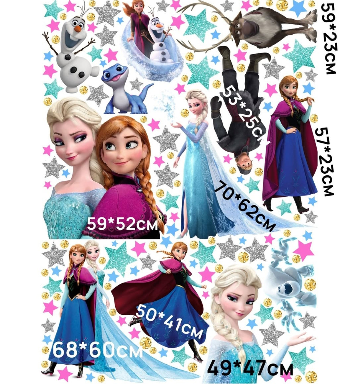 Kit completo di adesivi da muro a tema Frozen con la principessa Elsa, Anna e il pupazzo di neve Olaf per bambina.
