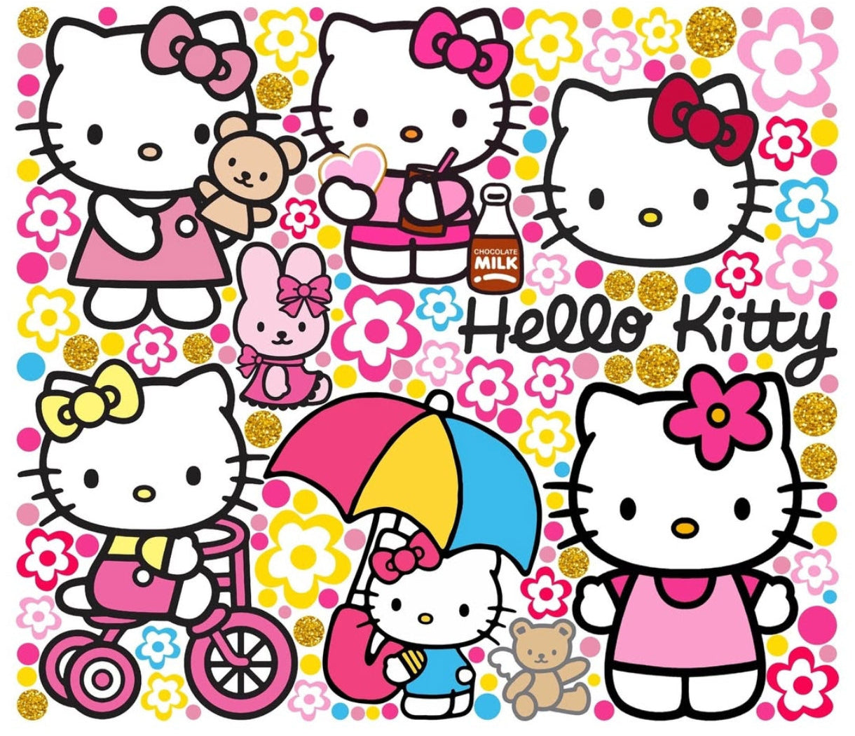 Kit completo di adesivi da muro Sanrio con Hello Kitty in bicicletta e ombrello, pois glitter oro per bambine.