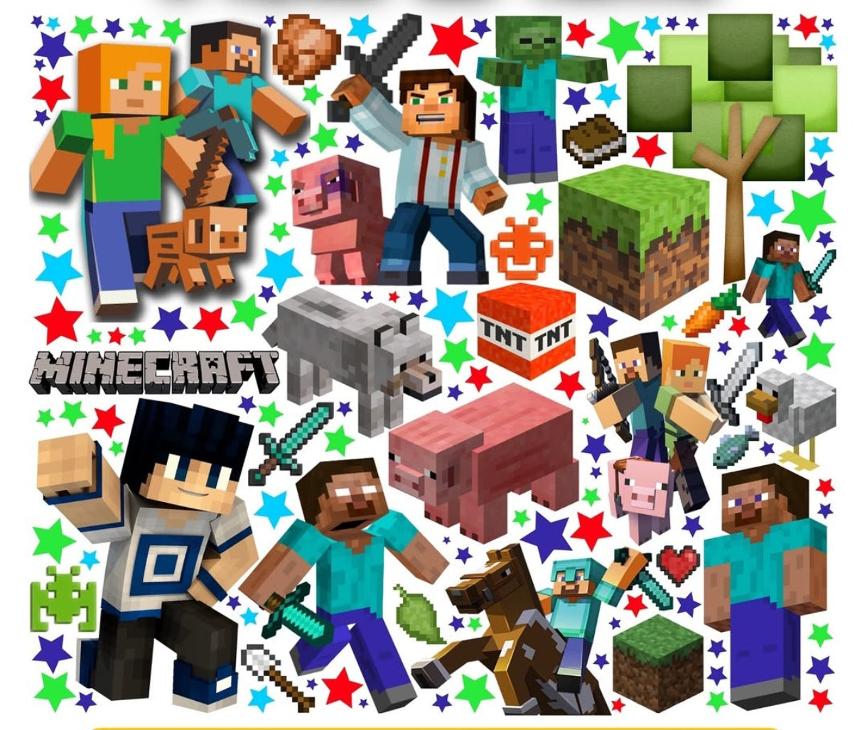 Stickers murali Minecraft con Steve, Alex, maialini, blocco TNT e Creeper circondati da stelline colorate per cameretta