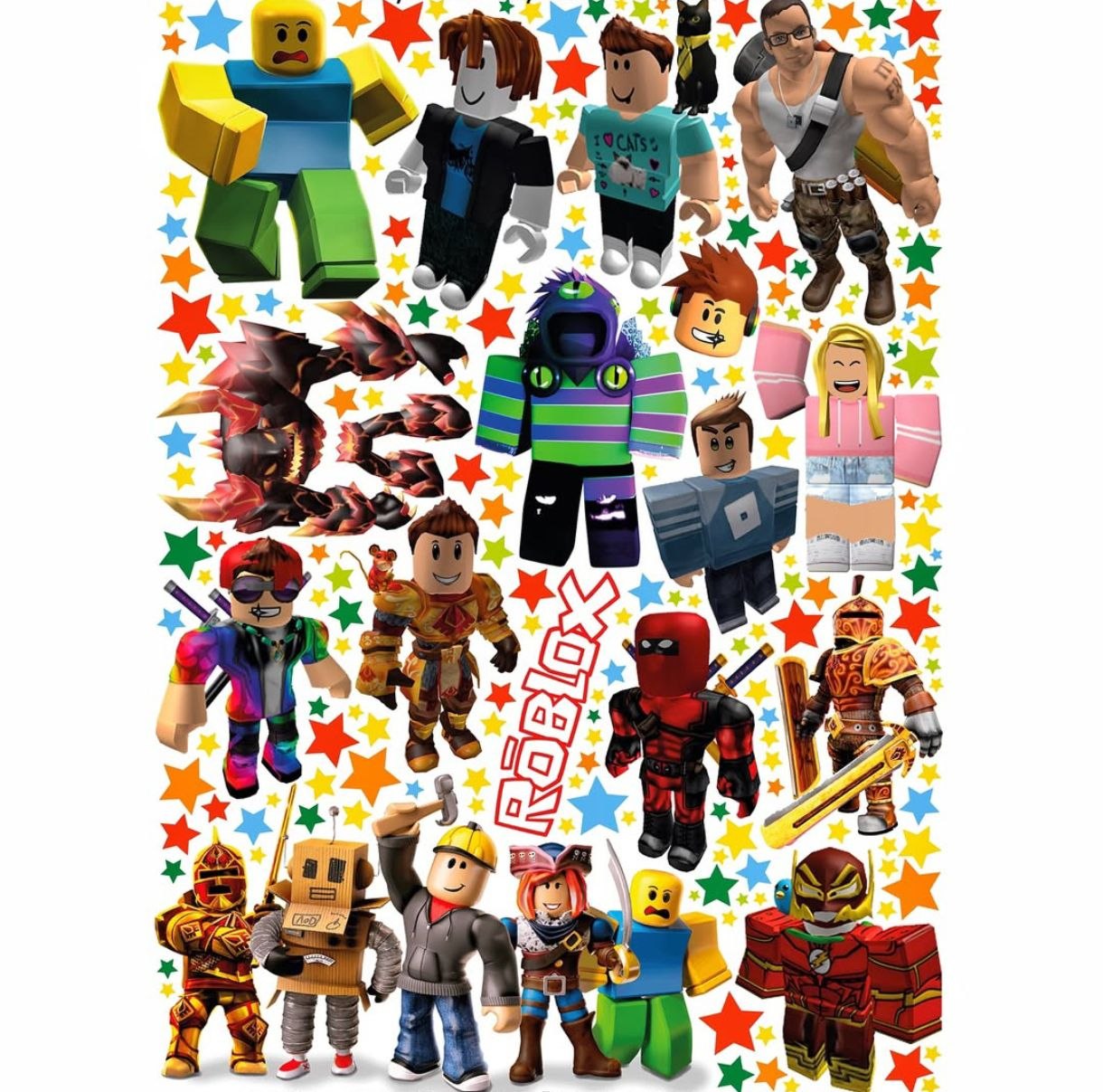  Kit completo di adesivi da muro a tema Roblox con avatar assortiti e stelline, ideale per la camera dei ragazzi.
