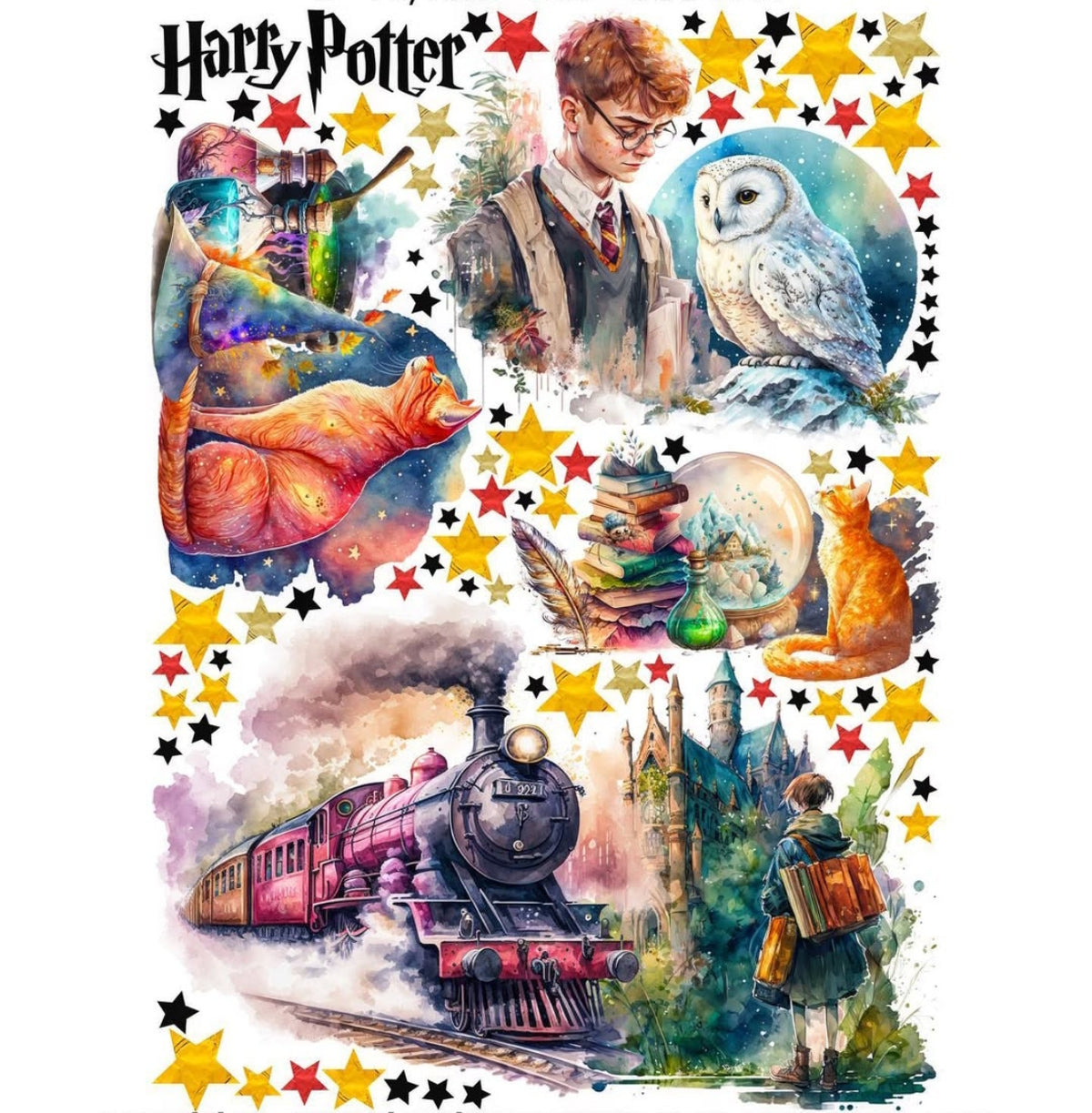 Kit di adesivi da muro con il treno Espresso di Hogwarts, Harry Potter, libri di magia e gatti magici, stile artistico per cameretta.
