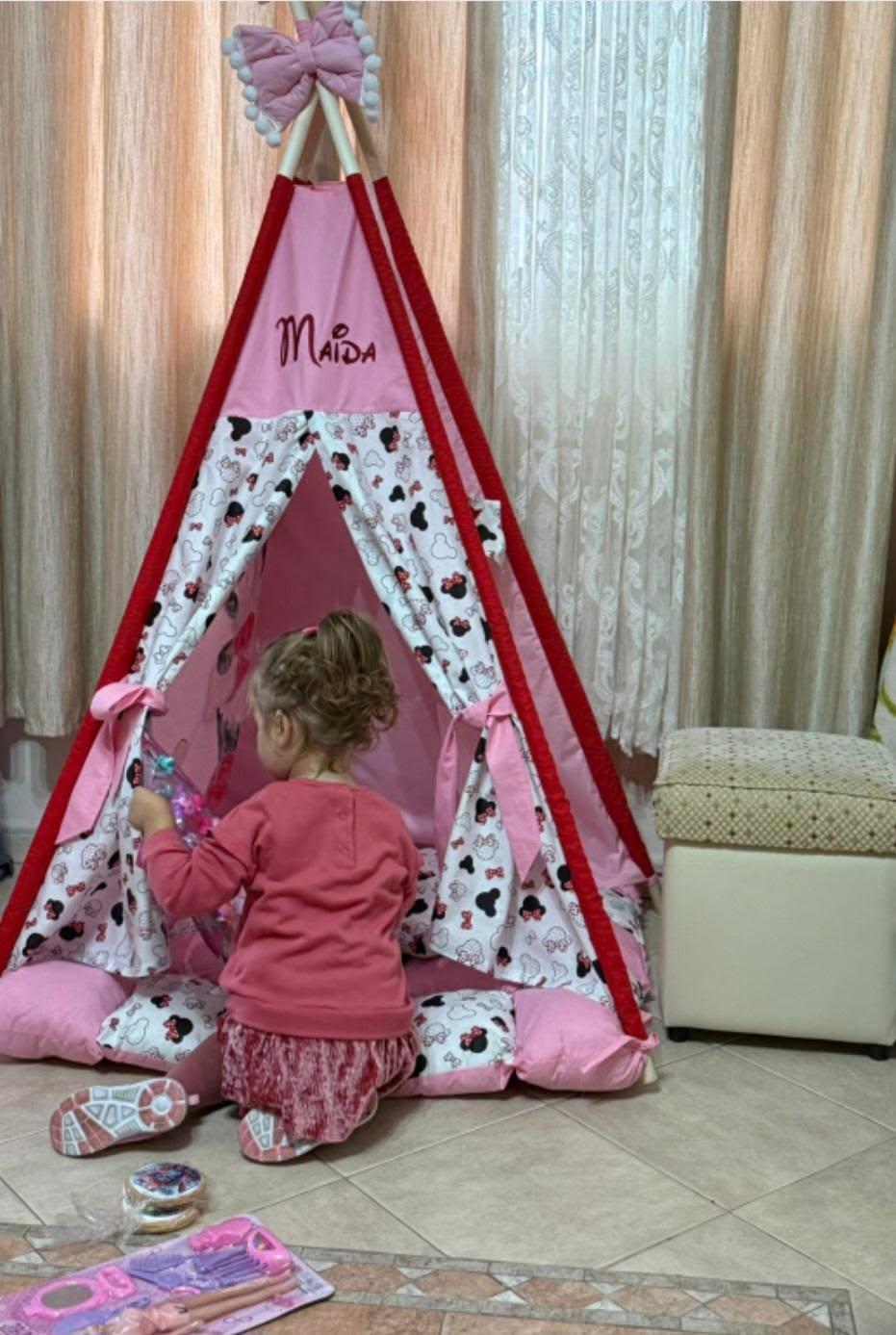 Tenda giochi bambini cotone dipinta a mano tema topo cartone animato, personalizzata con nome, materassino imbottito, cuscino e pali pieghevoli inclusi
