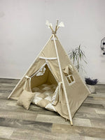 Tenda teepee bambini sabbia con pompon bianchi bandierine e cuscini coordinati tappetto incluso 