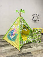 Tenda giochi bambini cotone dipinta a mano  alieno blu kawaii personalizzata con nome, tappeto  cuscino incluso 