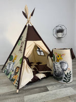 regalo nascita battesimo Tenda da gioco a forma di teepee per bambini, tessuto beige  animali della savana come leoni, elefanti, giraffe e papagallo