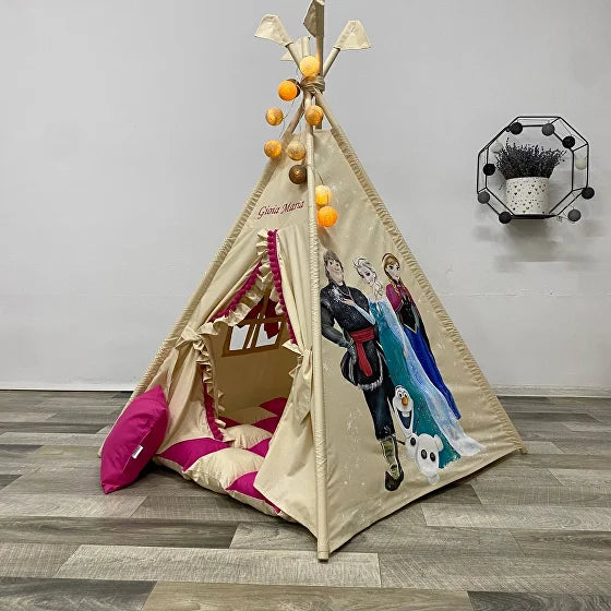 Teepee bambini Frozen beige e rosa dipinta a mano con nome, tappeto e cuscino inclusi