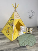 Tenda tipi/teepee/wigwam bambini gialla fatta a mano con dipinto  leoni, materassino imbottito, cuscino e pali pieghevoli inclusi   Made in Italy 
