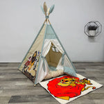 Tenda giochi bambini cotone beige dipinta a mano tema leone famiglia personalizzata con nome, tappeto imbottito cuscino e pali pieghevoli inclusi
