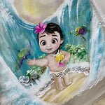Tipi bambini pittura a mano tema oceano tropicale con personaggio, onde e tartaruga marina