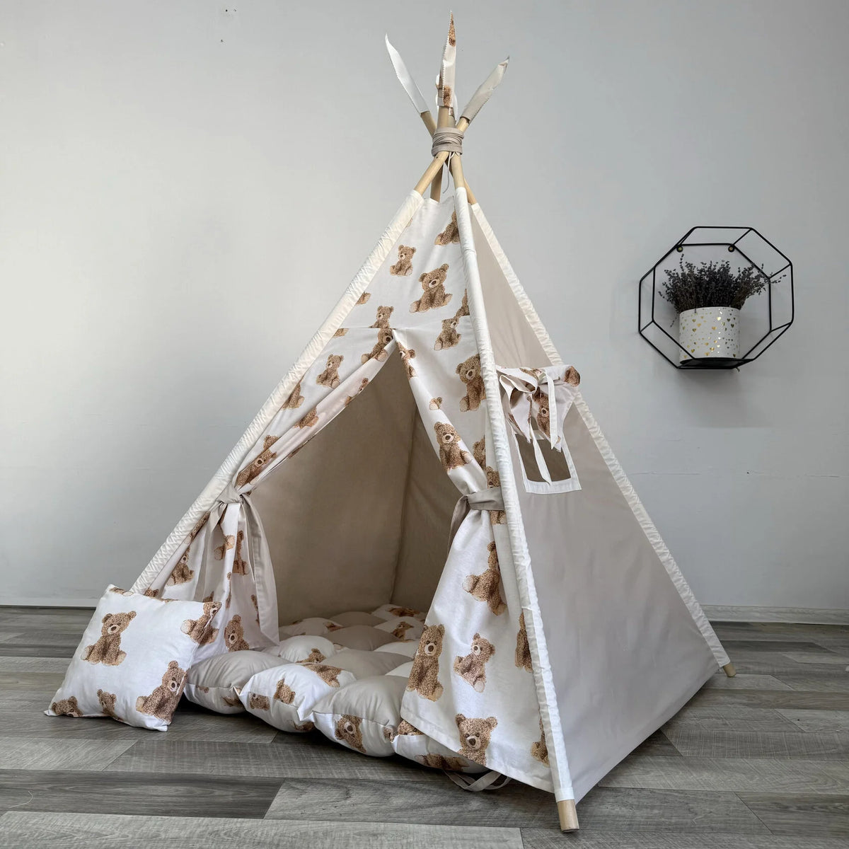 Tenda giochi bambini cotone panna bianco dipinta a mano tema orsetti personalizzata con nome, tappeto imbottito cuscino e pali pieghevoli inclusi