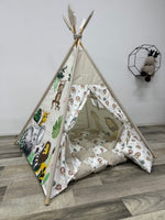 regalo compleanno bambini battesimo Tenda da gioco teepee per bambini, tessuto beige  animali della savana leone, elefante, giraffa, scimmietta e papagallo
