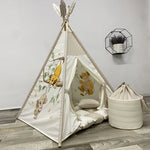 Tenda tipi/teepee/wigwam bambini beige e tortora fatta a mano con dipinto  leoni, materassino imbottito, cuscino e pali pieghevoli inclusi   Made in Italy 