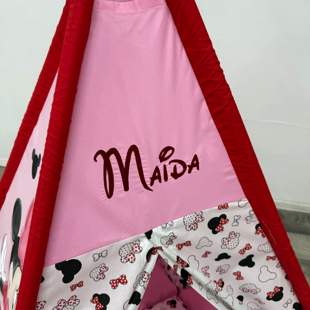 Tenda giochi rosa cotone dipinta a mano tema topo cartone animato, personalizzata con nome, materassino imbottito, cuscino e pali pieghevoli inclusi