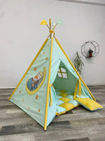 Tenda teepee wigwam bambini cotone verde menta giallo dipinta a mano personalizzata con nome, tappeto imbottito e cuscino inclusi